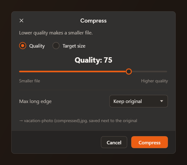 Mandarin's Compress dialog with a quality slider