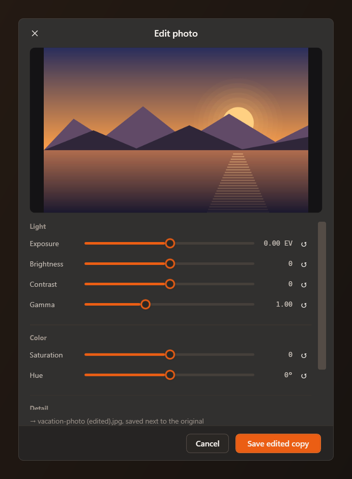 Mandarin's Edit photo dialog with light and color sliders