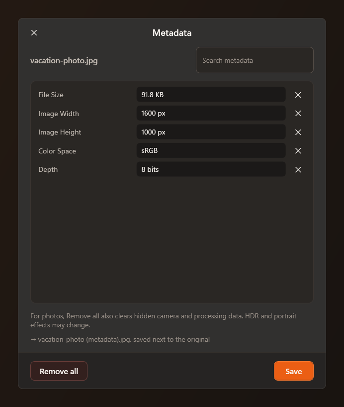 Mandarin's Metadata dialog listing file fields
